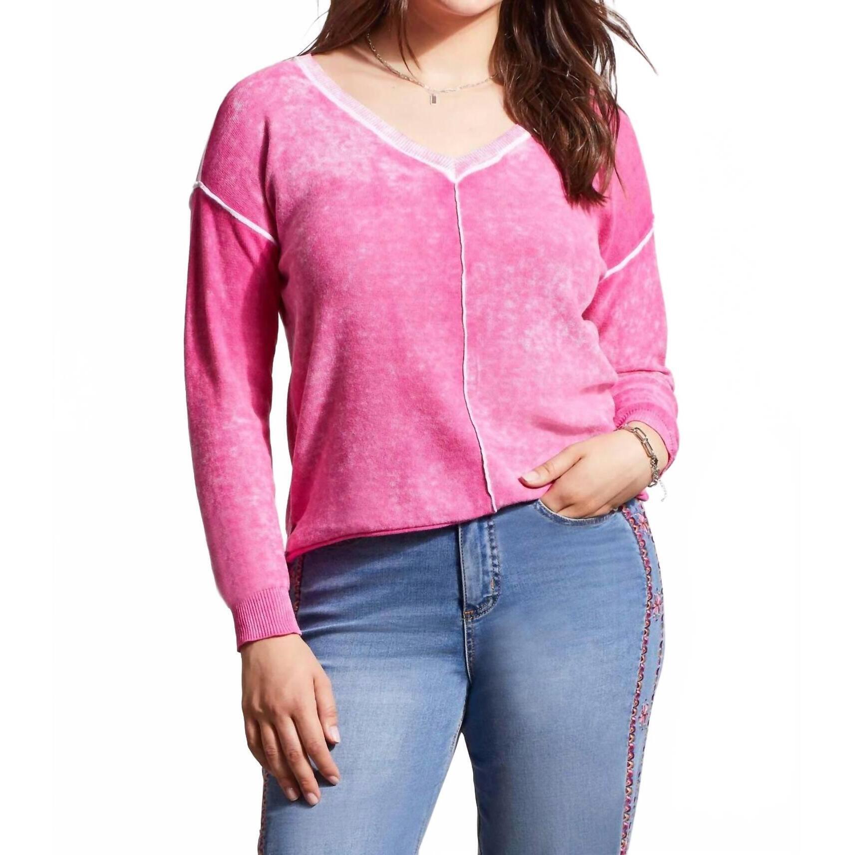 New Tribal Lightweight V Neck Sweater Washed Effect In Orchid Pink